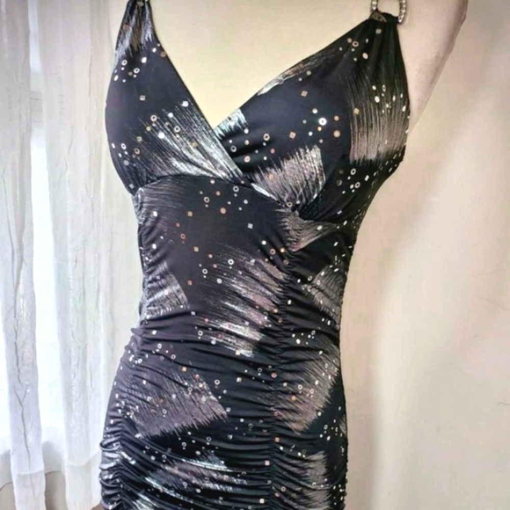 Dress Taboo Women Low Neckline Crossed Cutout Back Silver Sparkle Black Dresses - Picture 5 of 11